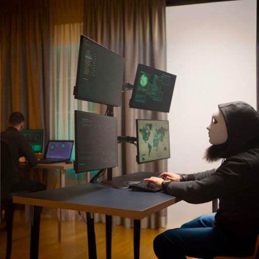 A cybercriminal in a white mask hacking into a government system, symbolizing cybersecurity threats and digital espionage.