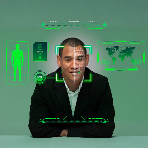 A digital collage depicting face recognition technology used for personal identification, featuring facial scans, biometric patterns, and AI-driven analysis.