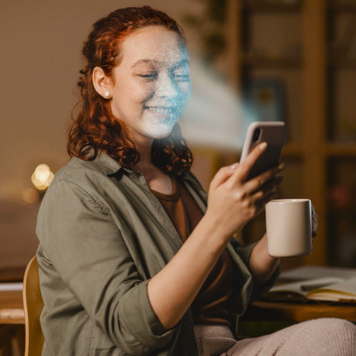 A woman with phone is doing a face scan.